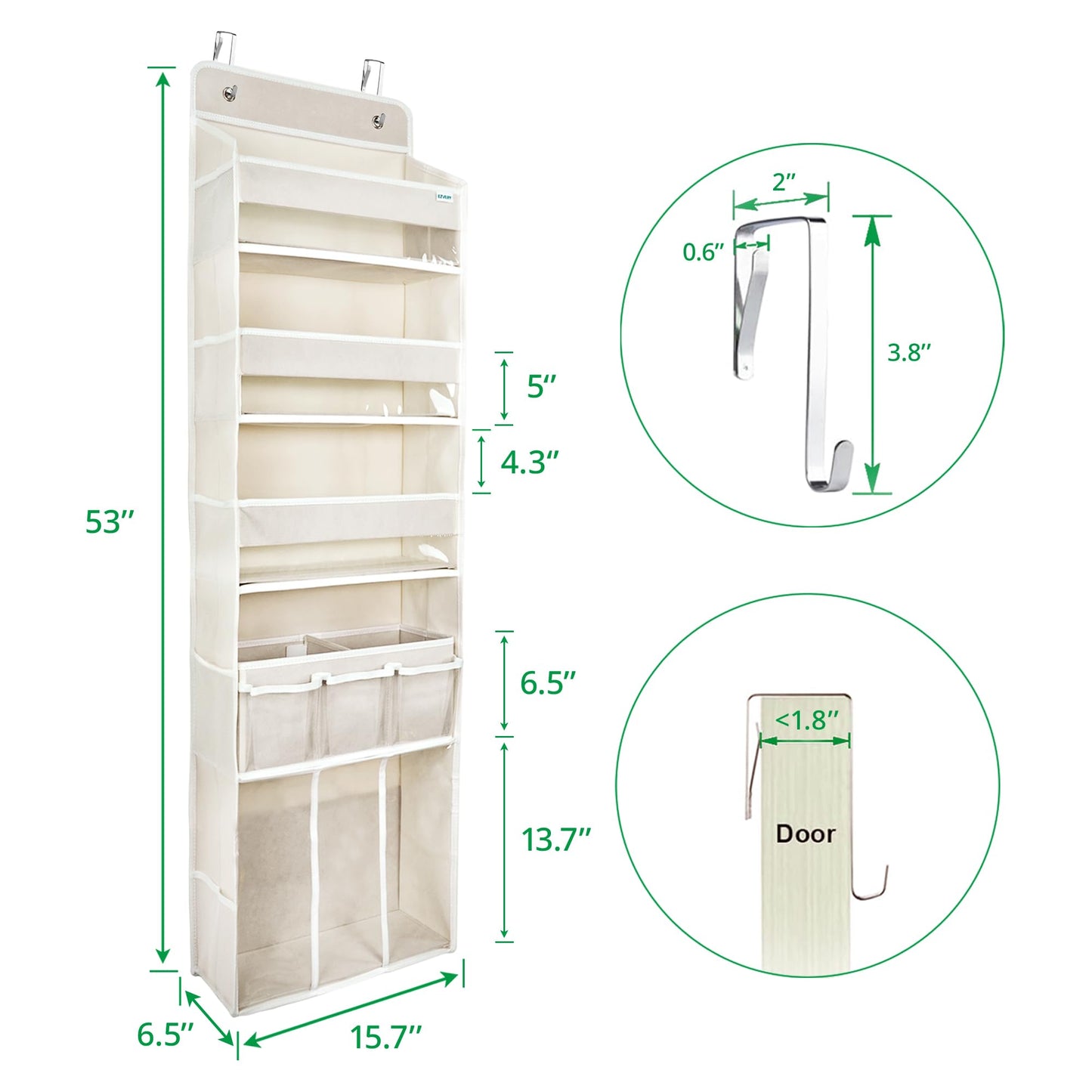Door Hanging Storage Organizer,with 3 Bins 1 Movable Baby Diaper Caddy,1 Large capacity diaper stacking storage Organizer,10 Side Pockets,Bedroom Door Storage for Nursery Baby Essentials. (Beige)