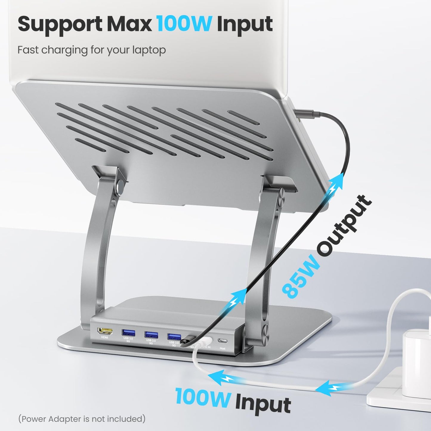 Tounee Laptop Stand with Detachable USB-C Hub, 100W PD Charging, 4K@60Hz HDMI, USB-A & USB-C 3.0 Ports, Host Port, Ergonomic Aluminum Laptop Holder for 10-17" Laptops, MacBook & More (Silver)