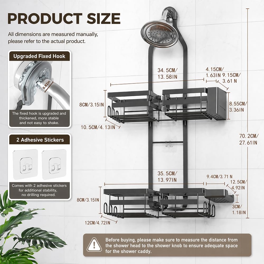 Gabeeriso Shower Caddy Hanging, Bathroom Organizer Black Rustproof 2-Tier Adjustable Height Over Shower Head with Soap/Toothbrush Holder &12 Hooks, No Drilling Shower Storage