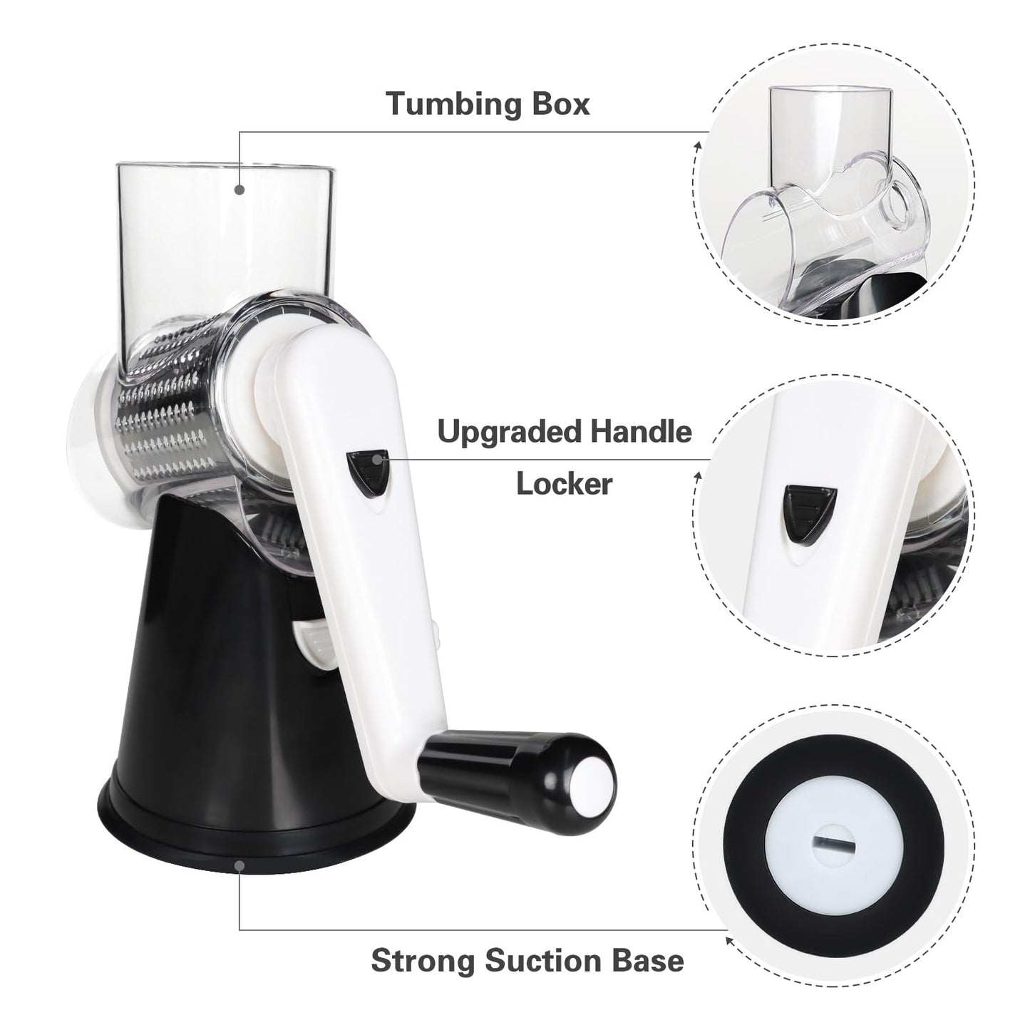 Cambom Rotary Cheese Grater Hand Crank Cheese Shredder for Fresh Cheese, Vegetable, Nuts,Non-Slip Suction Base, Free Cleaning Brush Three Blades, Black