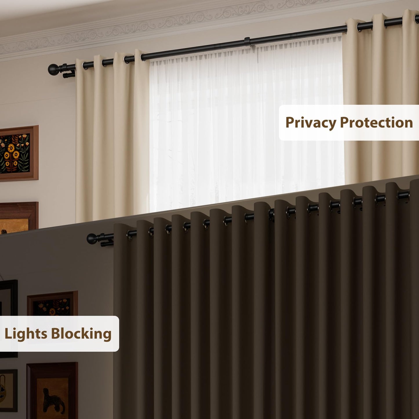 Pesenp 1” Diameter Double Curtain Rod 56-120 Inch, for 48-119 Inch Windows, Adjustable Splicing Black Curtain Rod, Extra Long Heavy Duty Drapery Rod for Living Blackout and Room Darkening Panels
