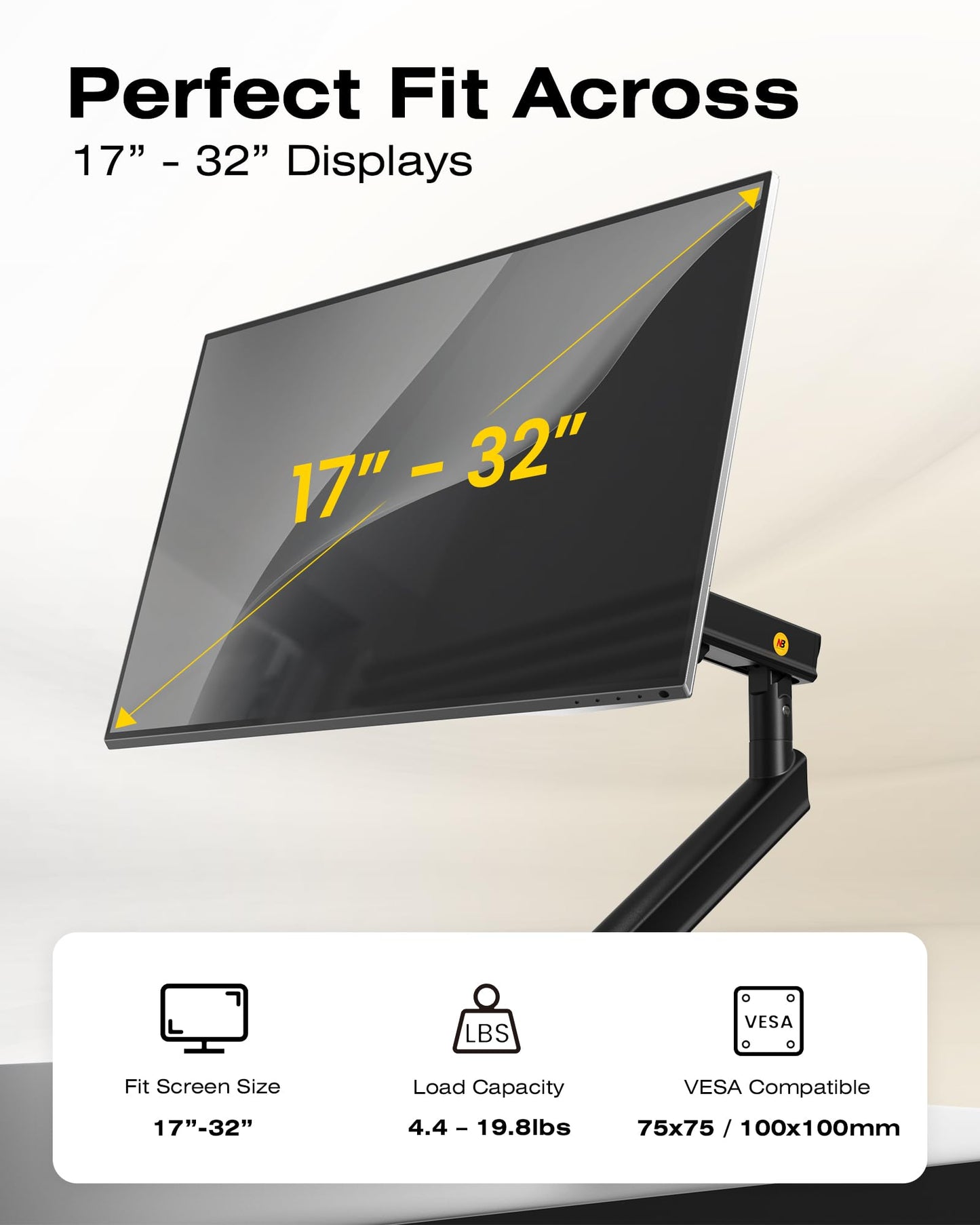 NB SmooVex™ Single Computer Monitor Mount, Monitor Stand fits up to 32 Inch, Mechanical Spring Monitor Arm, VESA 75/100 mm, Model-A5 (Black)