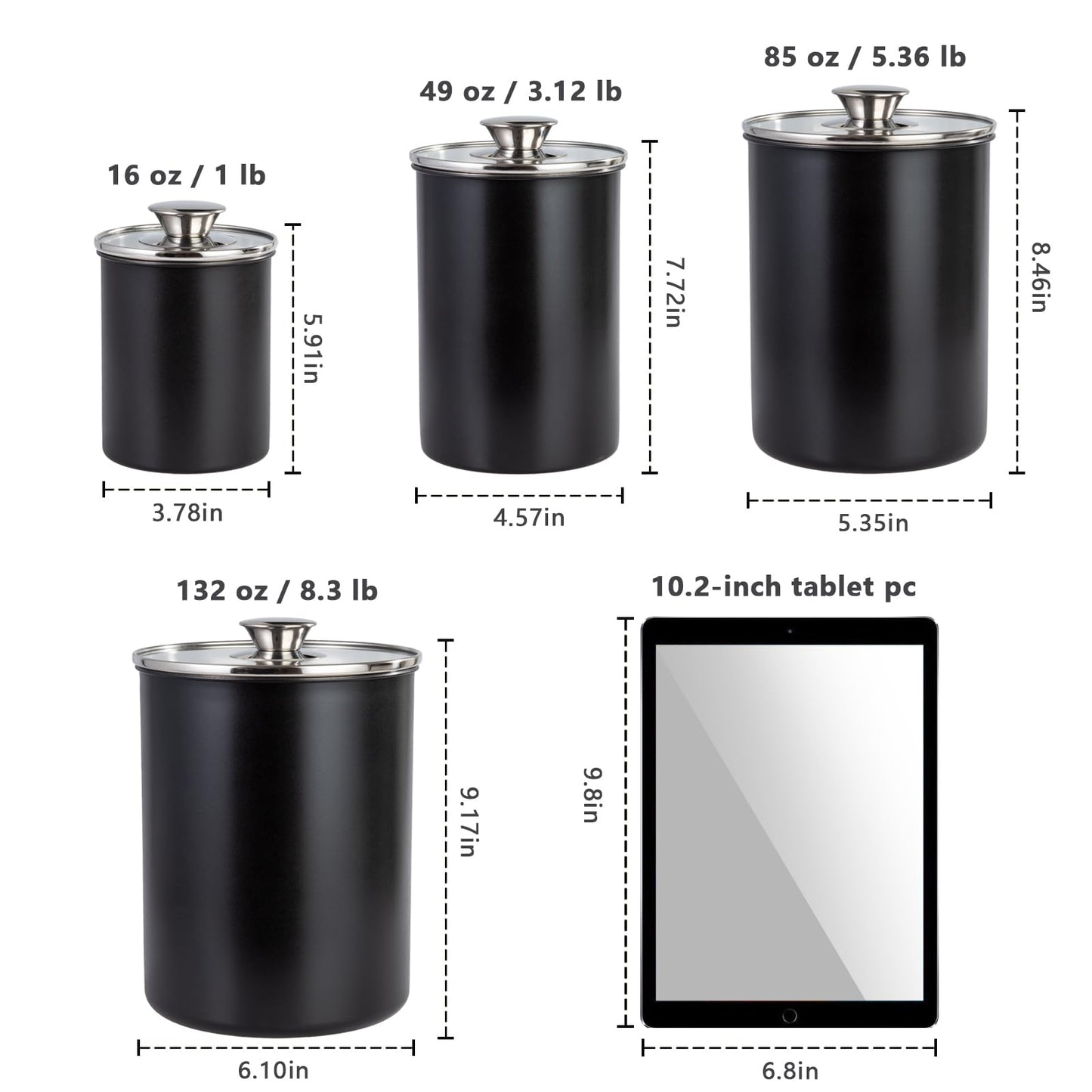 malmo Stainless Steel Food Canister Set of 4-Piece, 40.5/71/98/132 Ounces,Airtight Containers with Glass Lid for Tea,Coffee,Sugar,Flour,Pantry Kitchen Storage Storeroom Counter (Black)