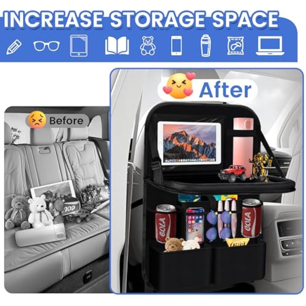 2 Pack Car Back Seat Organizer with Tablet Holder, Multi-Storage Pockets, Foldable Table Board, Black Travel Accessory for Electronics, Toys, Drinks