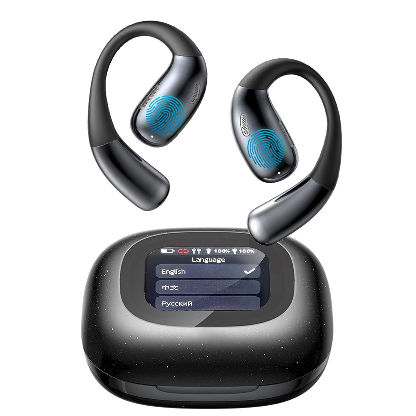 AI Language Translation Earbuds, Open Ear Earphones, LCD Touchscreen Bluetooth 5.4 Translator Earbuds, Real-time Translation for 142 Languages & Accents, for Business, Meeting, Travel