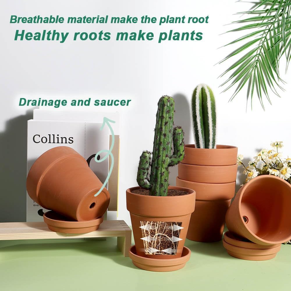 Terra Cotta Pots with Saucer - 6 Pack 5 Inch Clay Pot Ceramic Pottery Planter Cactus Flower Pots Succulent Pot Drainage Hole, Great for Plants, Crafts and Wedding Favor