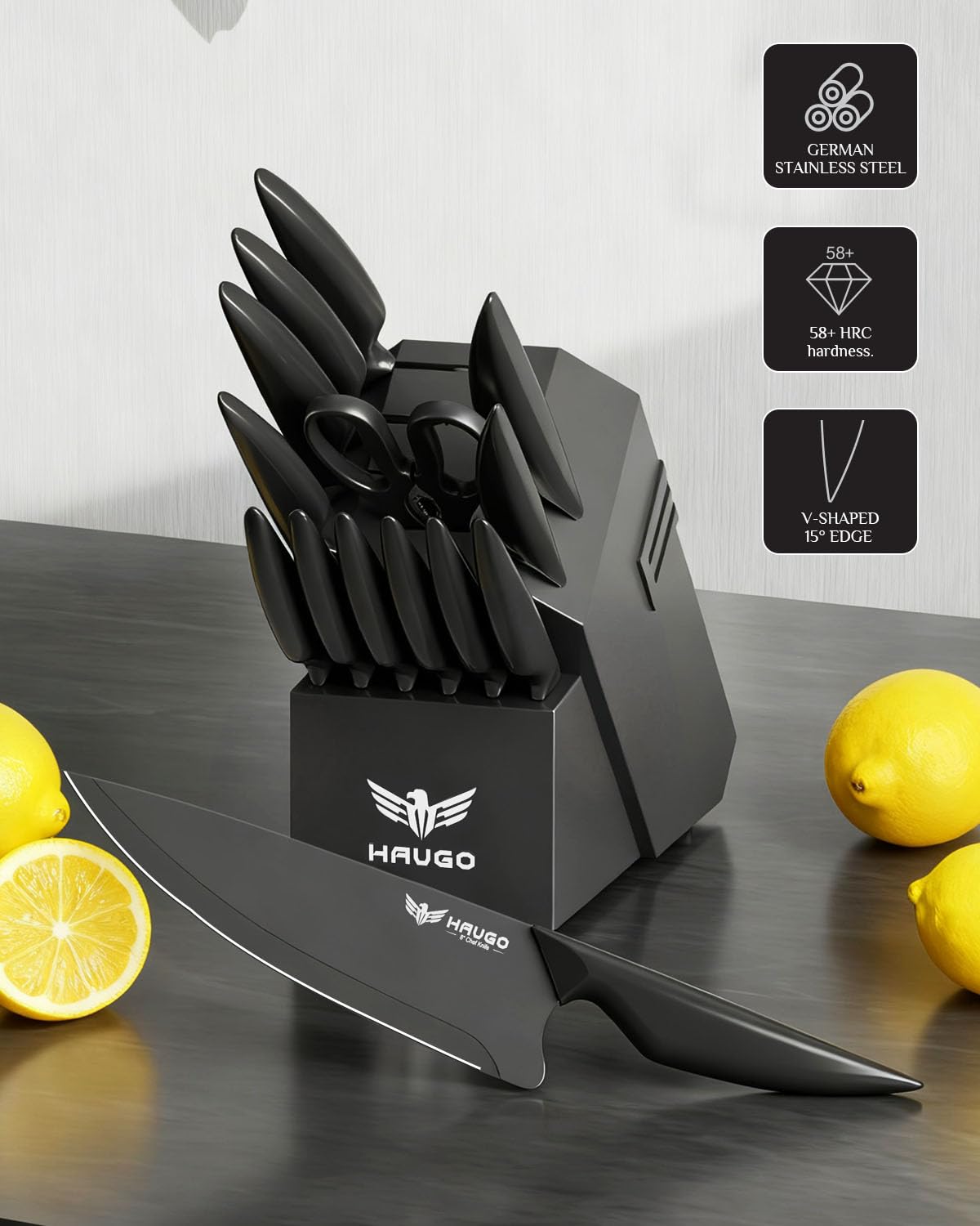 Haugo Kitchen Knife Set with Block: 15-Piece High Carbon Stainless Steel Professional Knives - Dishwasher Safe and Sharpener - Comfortable Grip Reduces Hand Fatigue 30% - Black Knife Set for Cooking