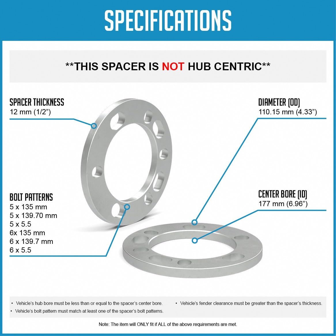 Wheel Accessories Parts 4 Pcs Die Cast Wheel Spacers 12mm 1/2" Thick Fits Bolt Patterns 5x135mm 5x139.7mm 5x5.5 6x135mm 6x139.7mm 6x5.5 Chevy Silverado 1500 ｜ Ford F-150 ｜ RAM 1500 - Not Hub Centric
