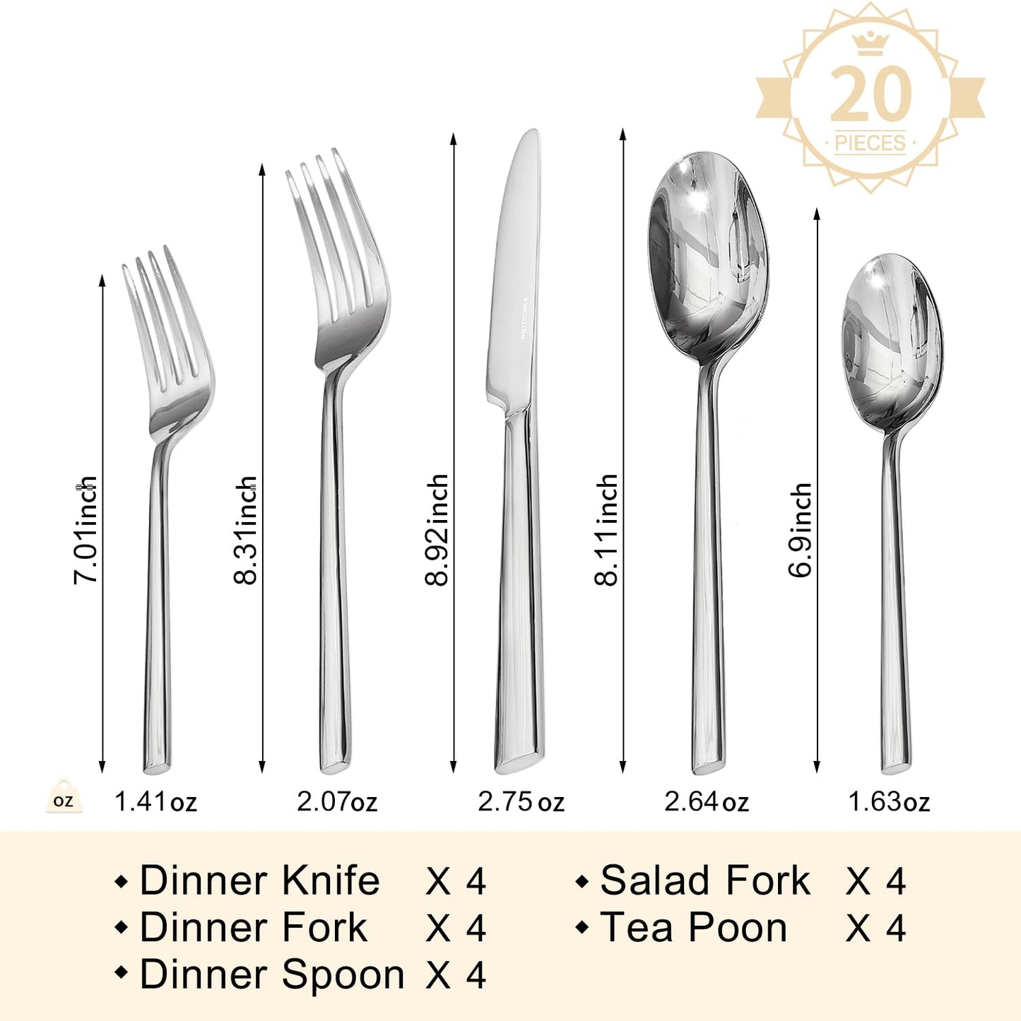 KINGSTONE Silverware Set, 20-Piece Forged Flatware Set Cutlery Set Premium Stainless Steel, Service for 4, for Home, Wedding, Party, Mirror Polished and Dishwasher Safe