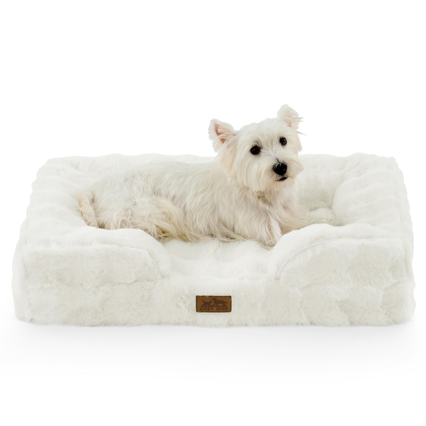 COZY KISS Orthopedic Dog Bed for Medium Small Size Dog, Soft and Warm Faux Fur Sofa for Pet Up to 40 lbs, Foam Bolster Anti-Slip Couch with Washable Removable Cover, M 30x20x6.5 inch, Beige