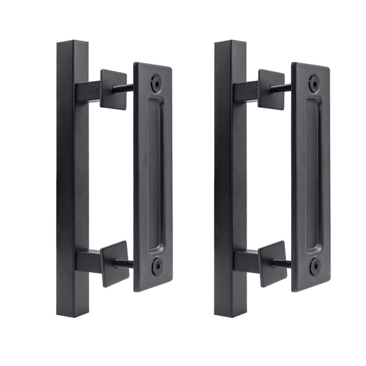 2 Pack Sliding Barn Door Handle Set, 12 Inch Pull and Flush Hardware Set Square Gate Handle, Heavy Duty Solid Carbon Steel Rustic Style for Barn Door Gates Garages Sheds, Matte Black