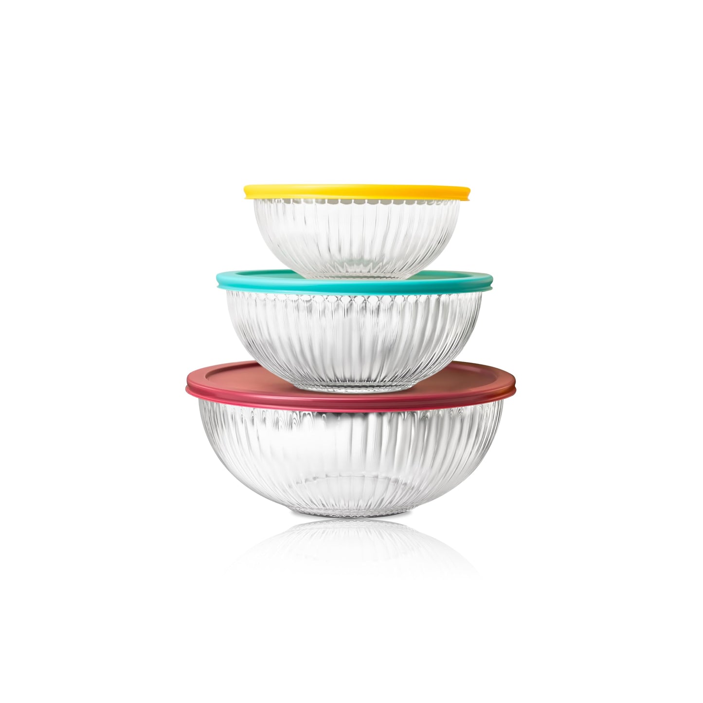 Ceywa Sculpted 3 Pack Glass Mixing Bowls (1.1 QT, 2.1 QT, 3.7 QT) – Borosilicate Glass Bowls with Airtight BPA-Free Lids, Nesting Bowls for Baking and Prepping Food, Oven, Freezer & Microwave Safe