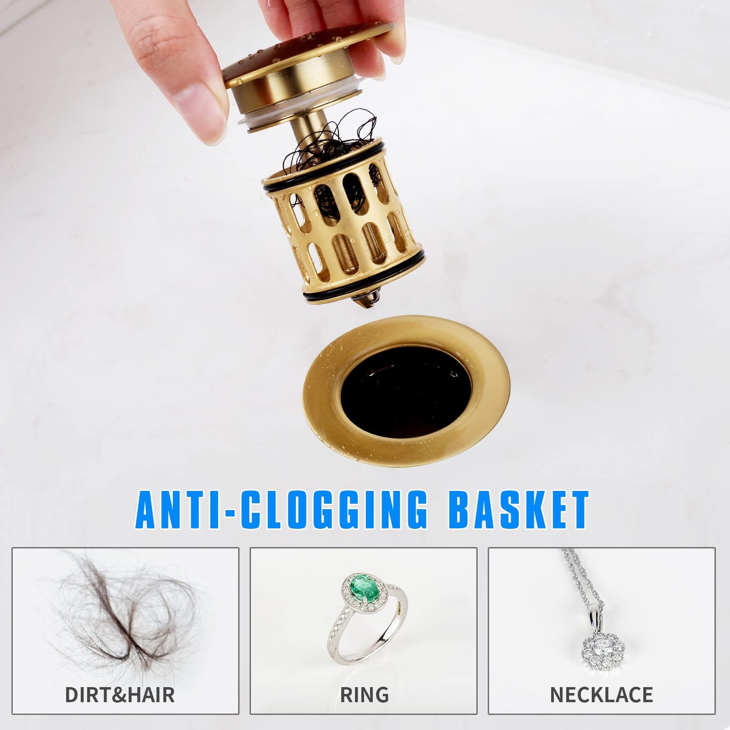 JONKEAN Bathroom Pop Up Drain Without Overflow,Bathroom Sink Drain with Detachable Strainer Basket, Built-in Anti-Clogging Strainer,Vessel Sink Pop Up Stopper Hair Catcher(Brushed Gold)