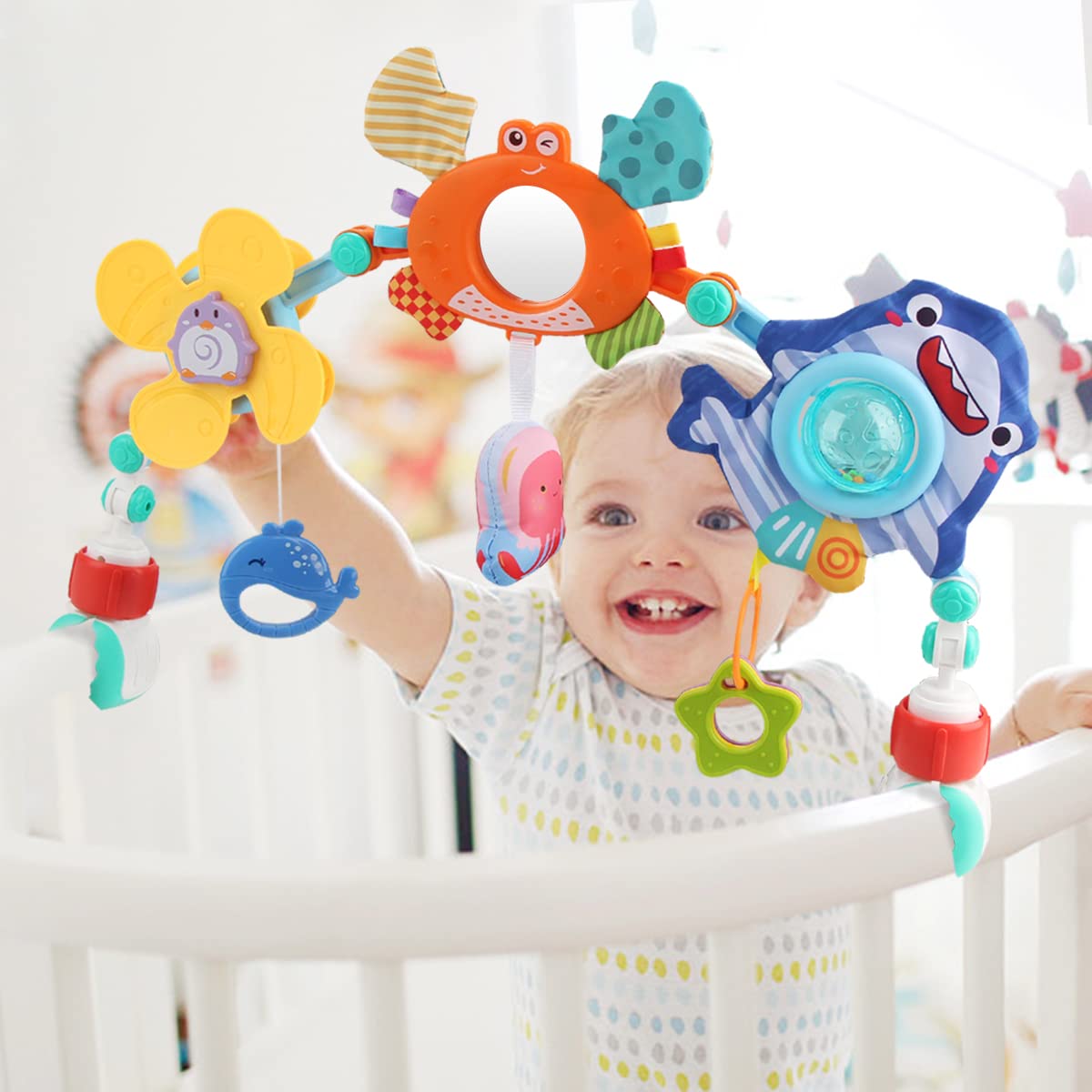 Joyfia Baby Stroller Arch Toy, Newborns Sensory Activity Arch Toy with Teethers, Rattle, Mirror & Windmill, Crib Car Seat Toys for Infants Toddlers 0-12 Months, Developmental Gifts for Boys Girls