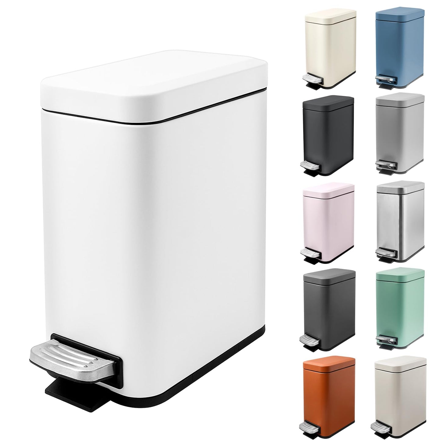 5 Liter/1.3 Gallon Slim Small Trash Can with Lid Soft Close, Stainless Steel Garbage Can for Bathroom Bedroom Office, Rectangular Step Trash Bin with Removable Inner Waste Basket (White)