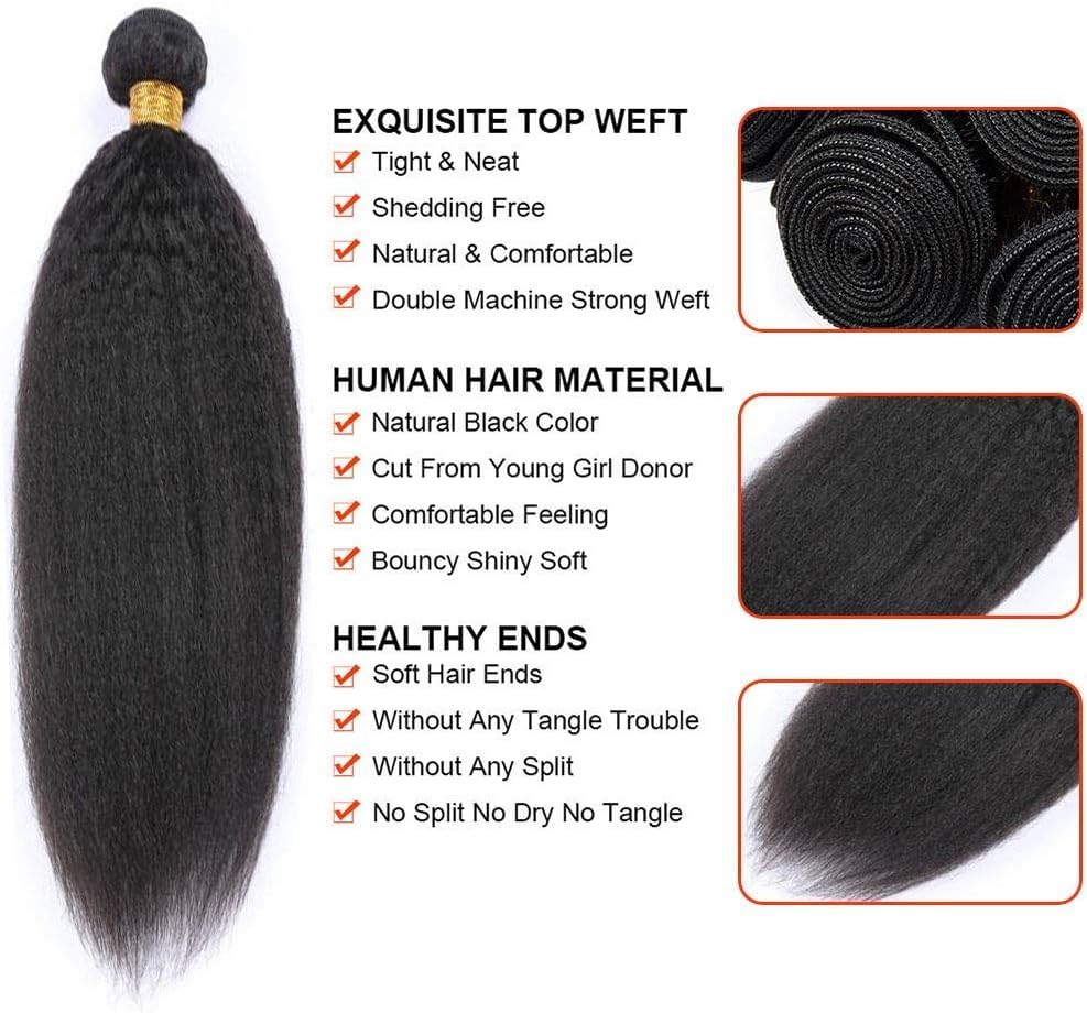 Kinky Straight 3 Bundles Human Hair Weave 14 16 18 inch 10A Yaki Straight Bundles Human Hair Extensions for Women 100% Unprocessed Brazilian Virgin Hair Bundle Natural Color