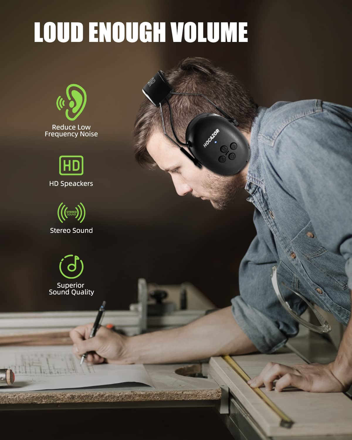 Hocazor HZ07 Bluetooth 5.3 Hearing Protection - Built-in 1500 mAh Rechargeable Battery Noise Cancelling Earmuffs NRR 25dB for Workshops, Green