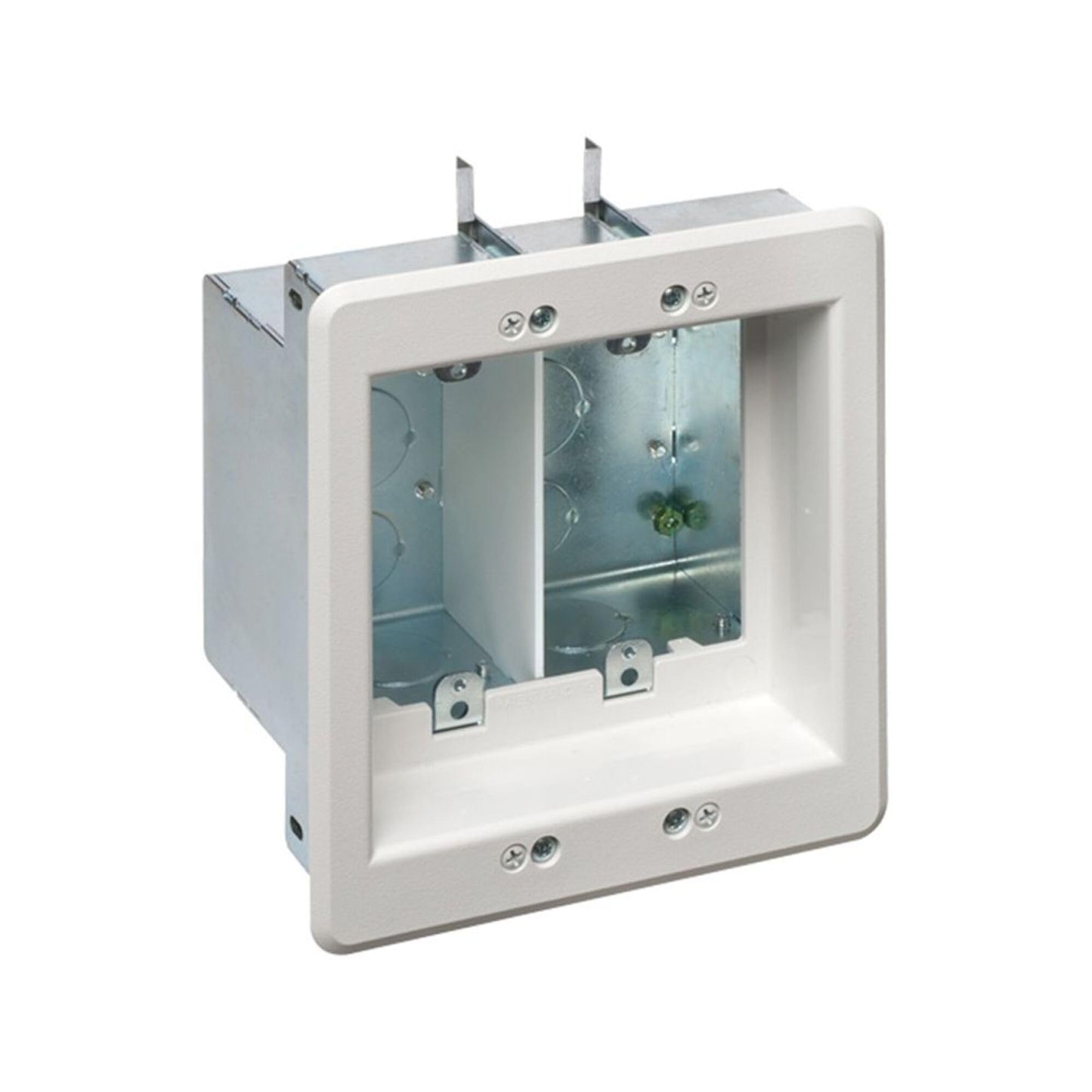 Arlington Industries TVBS505 2-Gang Steel TV Box Recessed Outlet Wall Plate Kit, White, 1-Pack