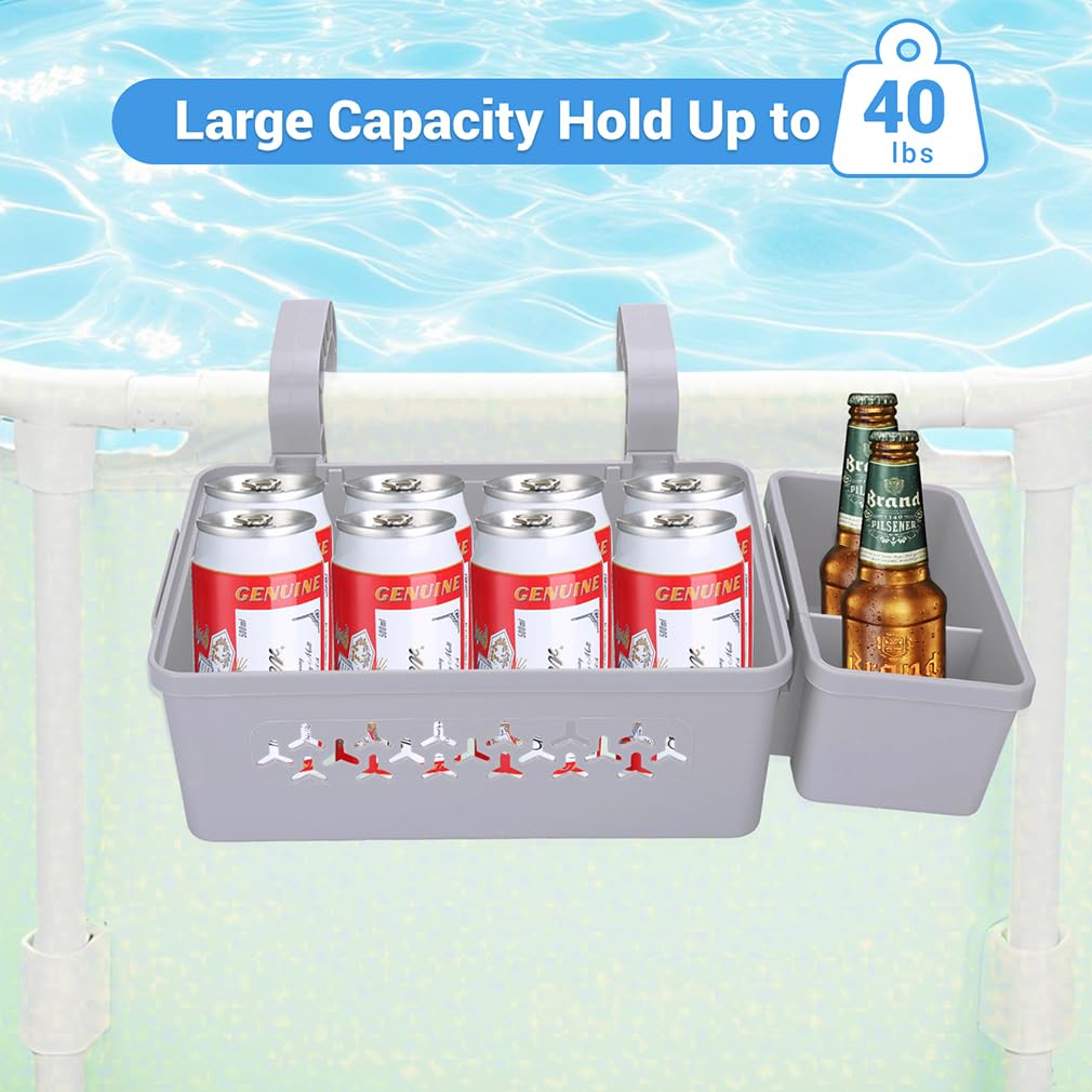 2 Pack Poolside Storage Basket - Swimming Pool Storage Baskets with Cup Holders Above Ground Pool Accessories Versatile Organizer for Pool Toys,Towels,Beverages, Fits 3 Inch or Less Top Rail