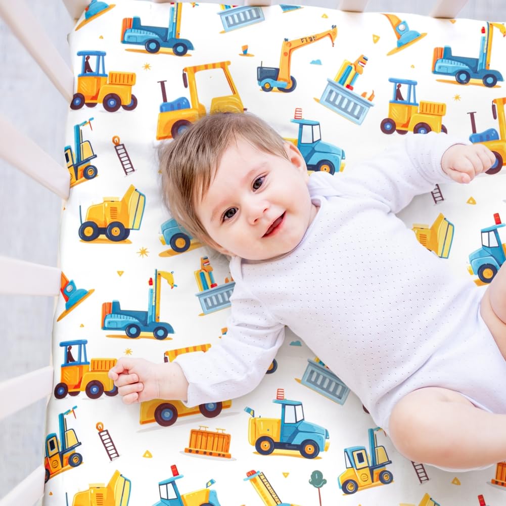4 Pack Baby Boy Crib Sheets Set Soft Fitted Construction Truck or Dinosaur Theme Baby Boy Mattress Covers Breathable Toddler Sheets for Infant or Newborn Boys (Construction, Crib Sheets)