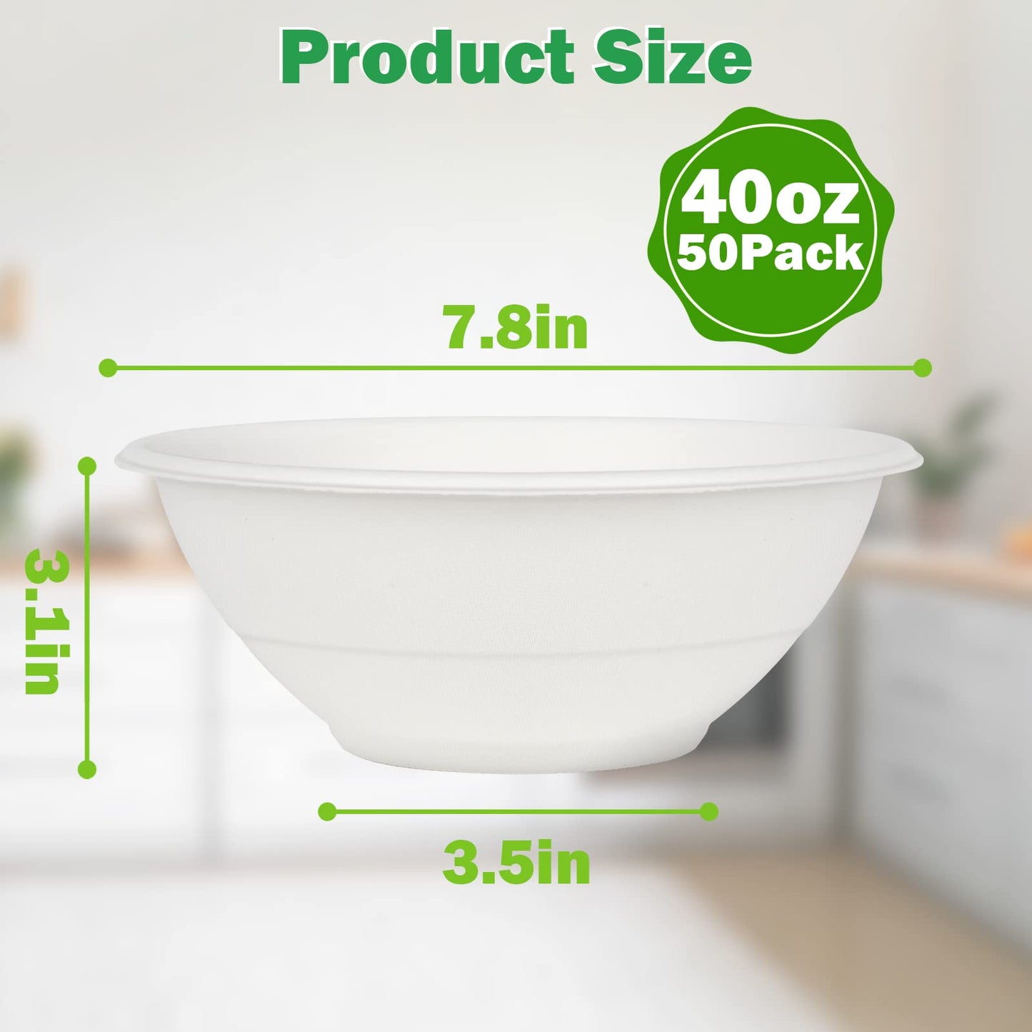 Bionutrio 40oz Large Disposable Bowls, 50 Pack Compostable Paper, Heavy Duty for Hot Soup, White Bagasse, Microwavable Safe for Salad Cereals, Snacks
