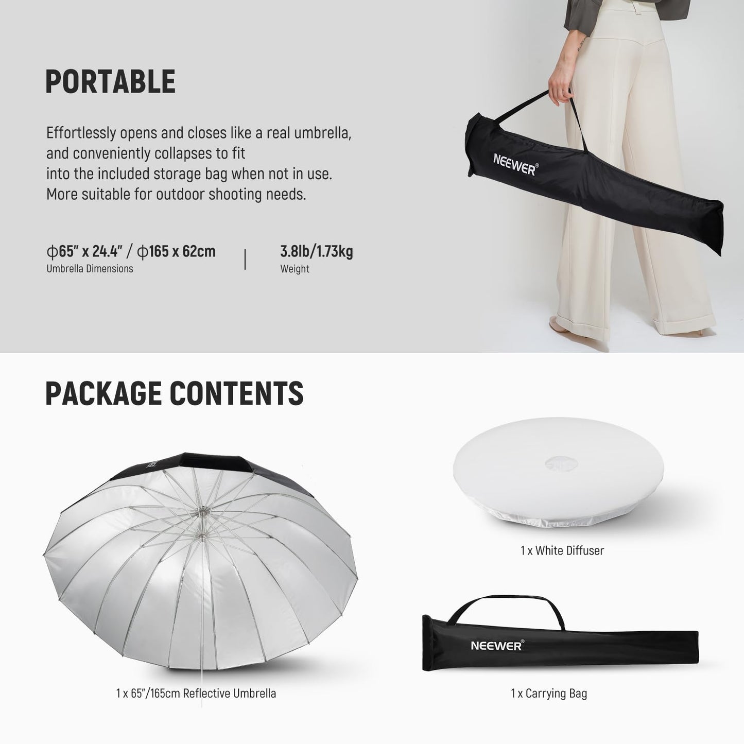 NEEWER 65"/165cm Parabolic Reflective Umbrella Photography with Silver Inner, Soft Lighting with Diffuser Cover, Bag, Quick Fold for Camera Photo Studio Video Light Shooting Monolight Flash, NS3U