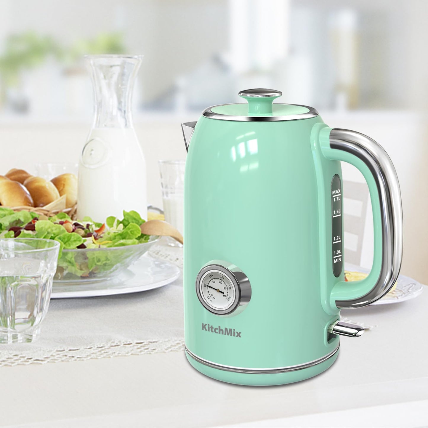 KitchMix Electric Kettle,1.7L Stainless Steel Tea Kettle with Thermometer,1500W Cordless Water Boiler with LED Indicator - Light Green
