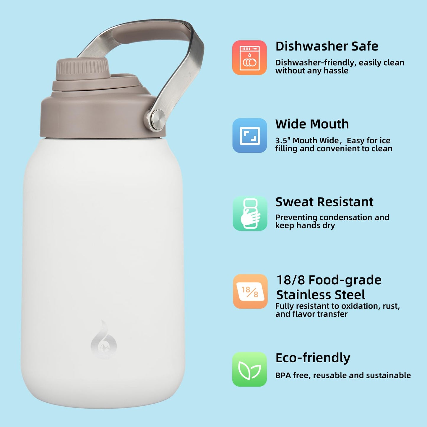BJPKPK Half Gallon Insulated Water Bottles, 64oz Water Jug with Metal Handle & BPA Free Spout Lid, Dishwasher Safe Thermo, Large Stainless Steel Gym Sport Jugs, Milky White