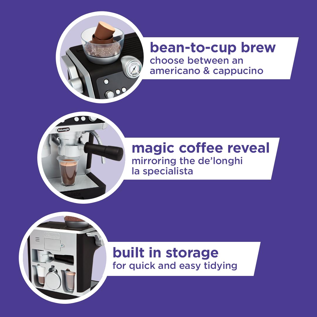 Casdon De'Longhi Toys - Barista Coffee Machine - Toy Kitchen Playset for Kids with Moving Parts, Realistic Sounds & Magic Coffee Reveal - For Children Aged 3+