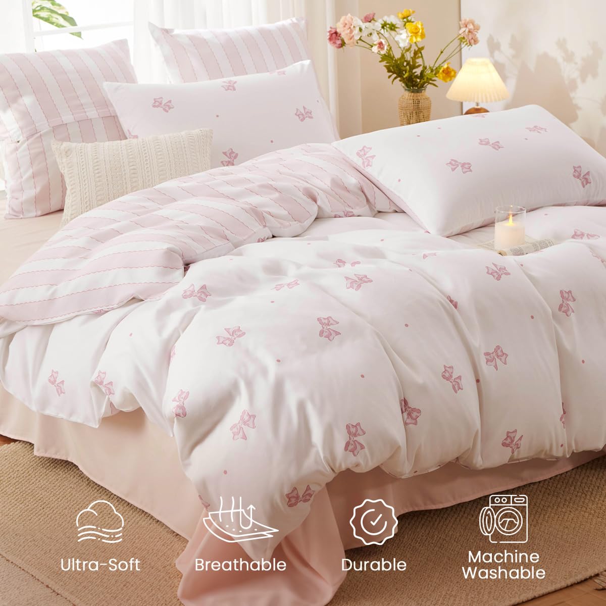 Bildenly White Comforter Set Full Size - Pink Bow Quilt Bedding Set 3 Pieces, Sripes Comforter Set Full, Soft Comforter(79‘’ x 90‘’) for Girl All Season & 2 Pillowcases(30‘’x20‘’)