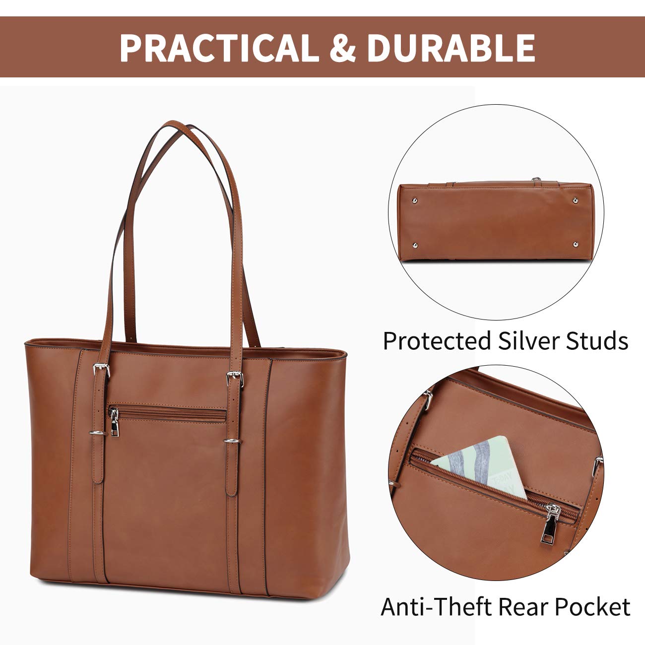 Laptop Tote Bag for Women, VASCHY PU Leather Water Resistant 15.6 inch Satchel, Large Teacher Shoulder Bag for Travel, Work Brown