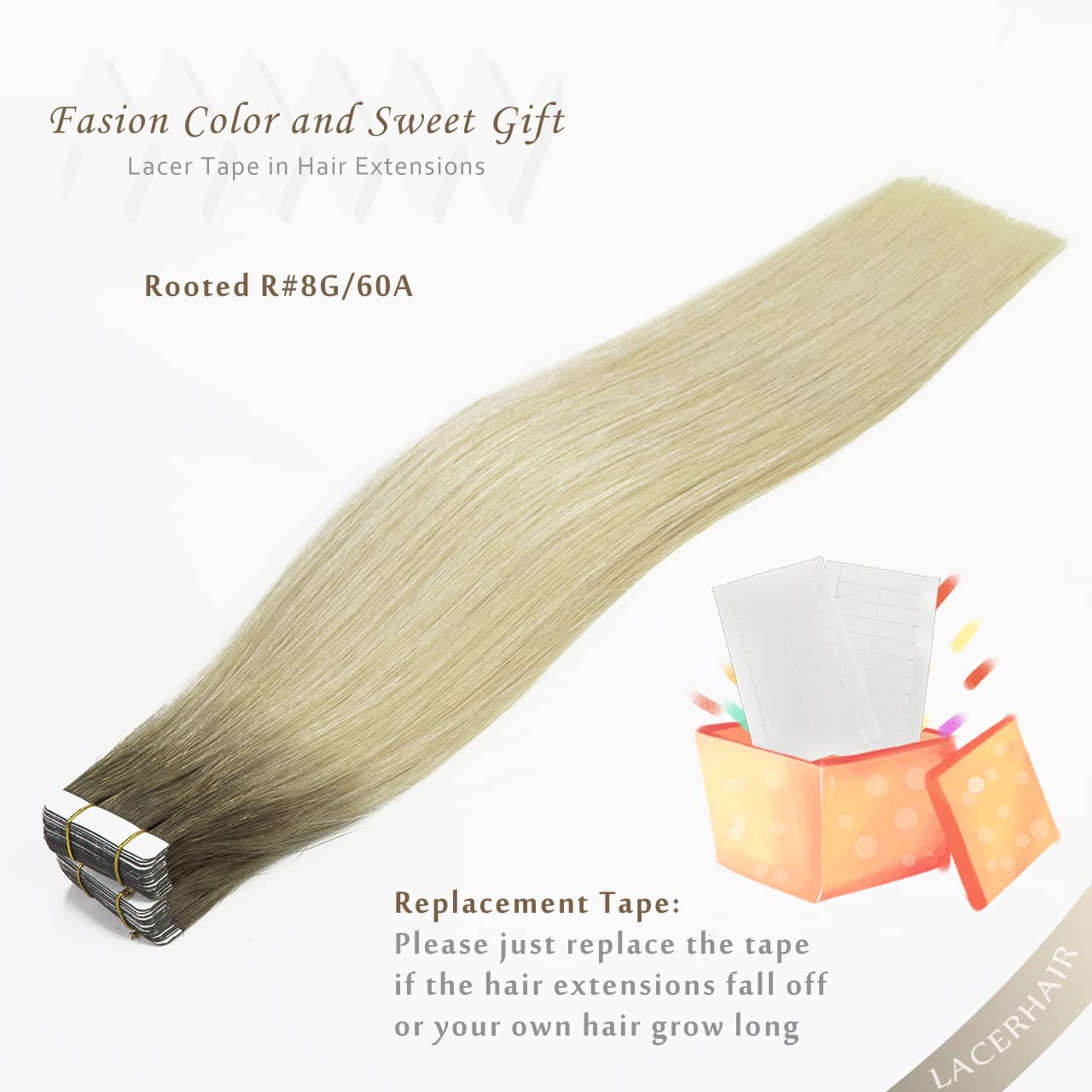 Lacer Hair Natural Hair Remy Tape in Human Hair Extensions #8G/60A Light Ash Brown to Light Platinum Blond Dip Dyed Seamless PU Skin Weft Real Remy Invisible Hair Double Side 50g 20pcs 18inch