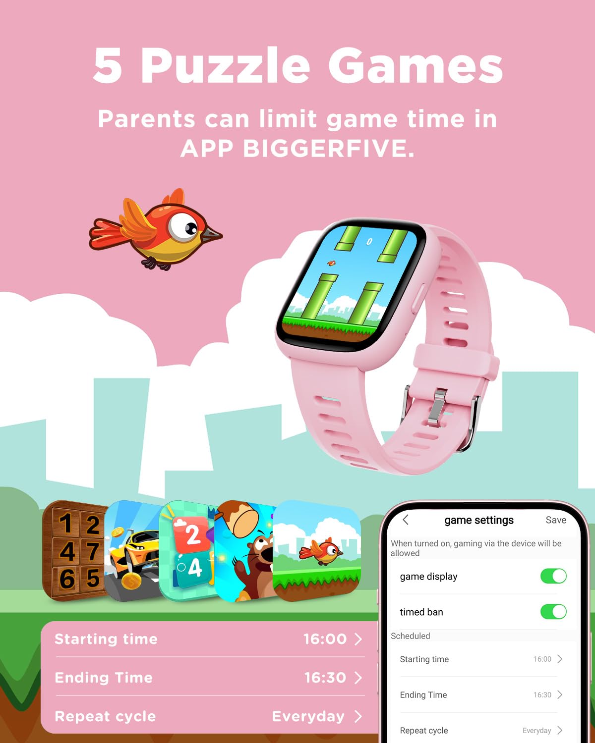BIGGERFIVE Smart Watch for Kids, 1.8" Fitness Tracker Watch Pedometer, Heart Rate, IP68 Waterproof, Sleep Monitor, Calorie Step Counter, 5 Puzzle Games with/Without APP for Girls Teens 5-16