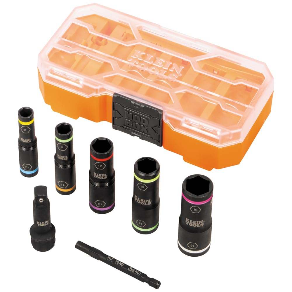 Klein Tools 65619 KNECT Flip-10 Metric Impact Socket Set, Deep Sockets, 5 Color-Coded Flip Sockets, 10 Metric Socket Sizes, 1/4 and 3/8-Inch Adapters, MODbox Case
