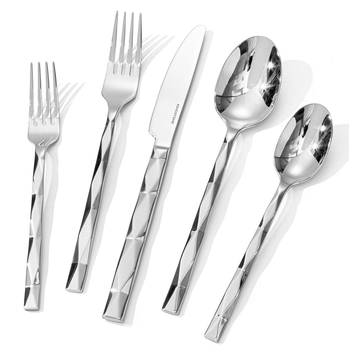 KINGSTONE Silverware Set, Luxury 30 Piece Flatware Set for 6, 18/10 Stainless Steel Cutlery Set with Diamond Cut Pattern for Home, Wedding, Party, Mirror Polished and Dishwasher Safe