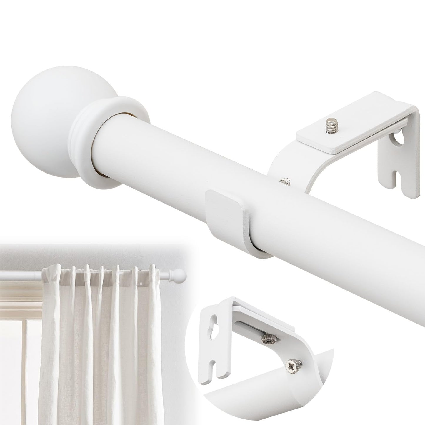 ASULUPHY Heavy Duty 1-Inch Curtain Rod, Adjustable Window Curtain Rods 32 to 116 Inches, Long Curtain Pole with Sturdy Thickened Brackets, Durable Drapery Rod for Bedroom, Living Room & Door-White