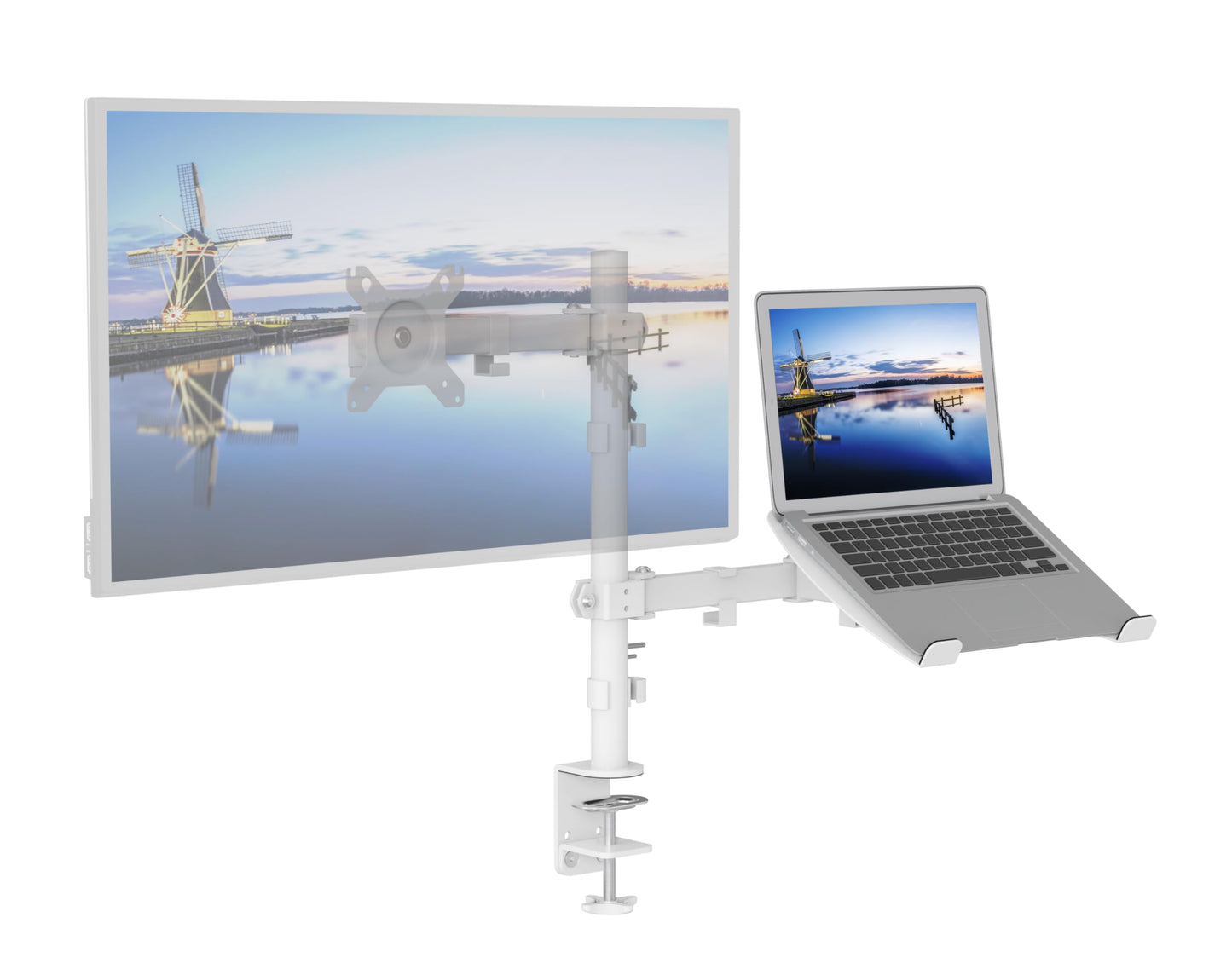 SHOPPINGALL Fully Adjustable Dual Monitor & Laptop Mount Stand Notebook Desk Mount with Tray with 2 Swing Arms for Monitors up to 32" Laptops up to 17", with Clamp and Grommet Mounting - SA-LH07-White