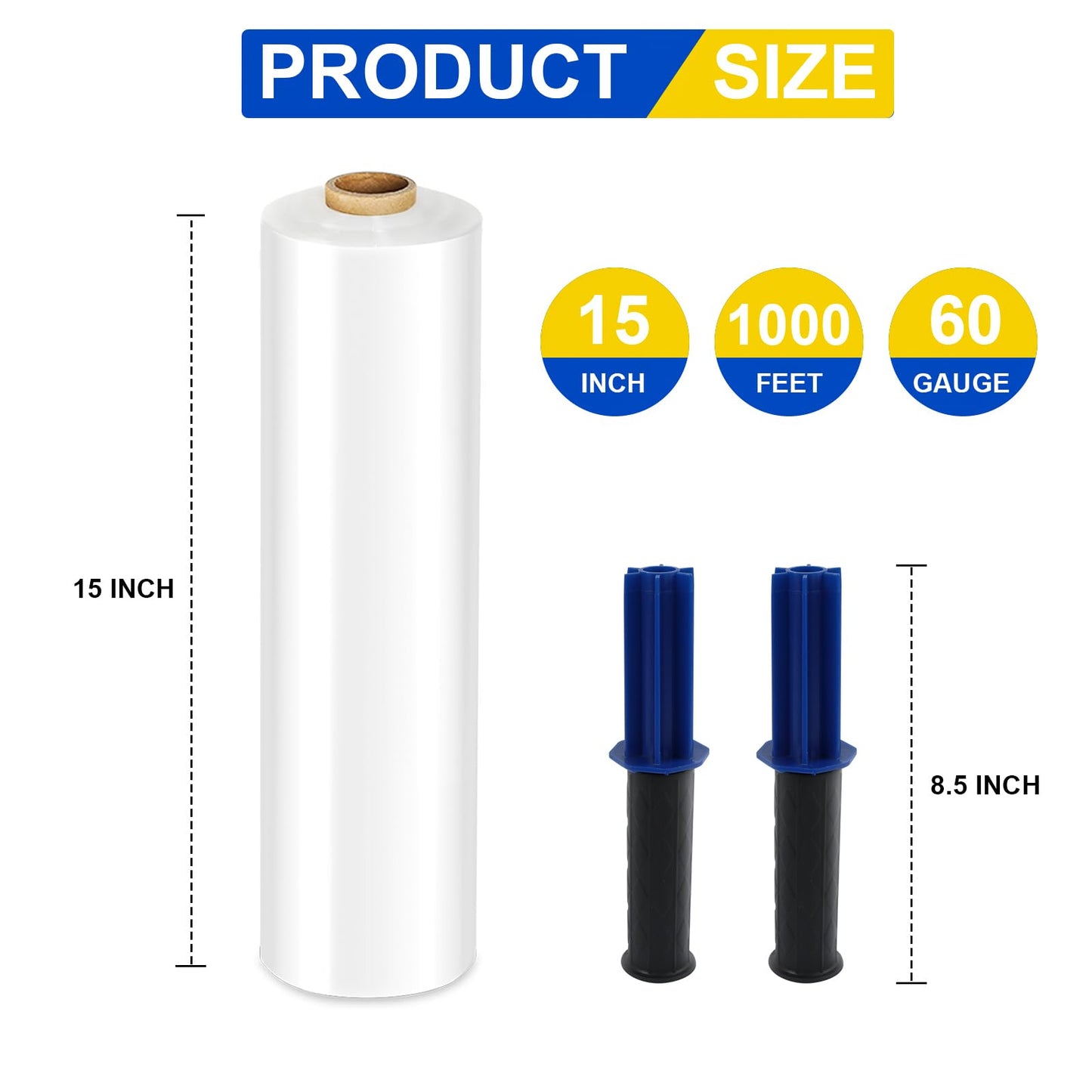 Stretch Film, RAZCC Stretch Wrap Industrial Strength, Shrink Wrap for Pallet Wrap, Heavy Duty Clear Plastic Wrap with Handles, Moving Wrapping Plastic Roll, 15" x 1000 Ft Per Roll, 60 Gauge, 2 Pack