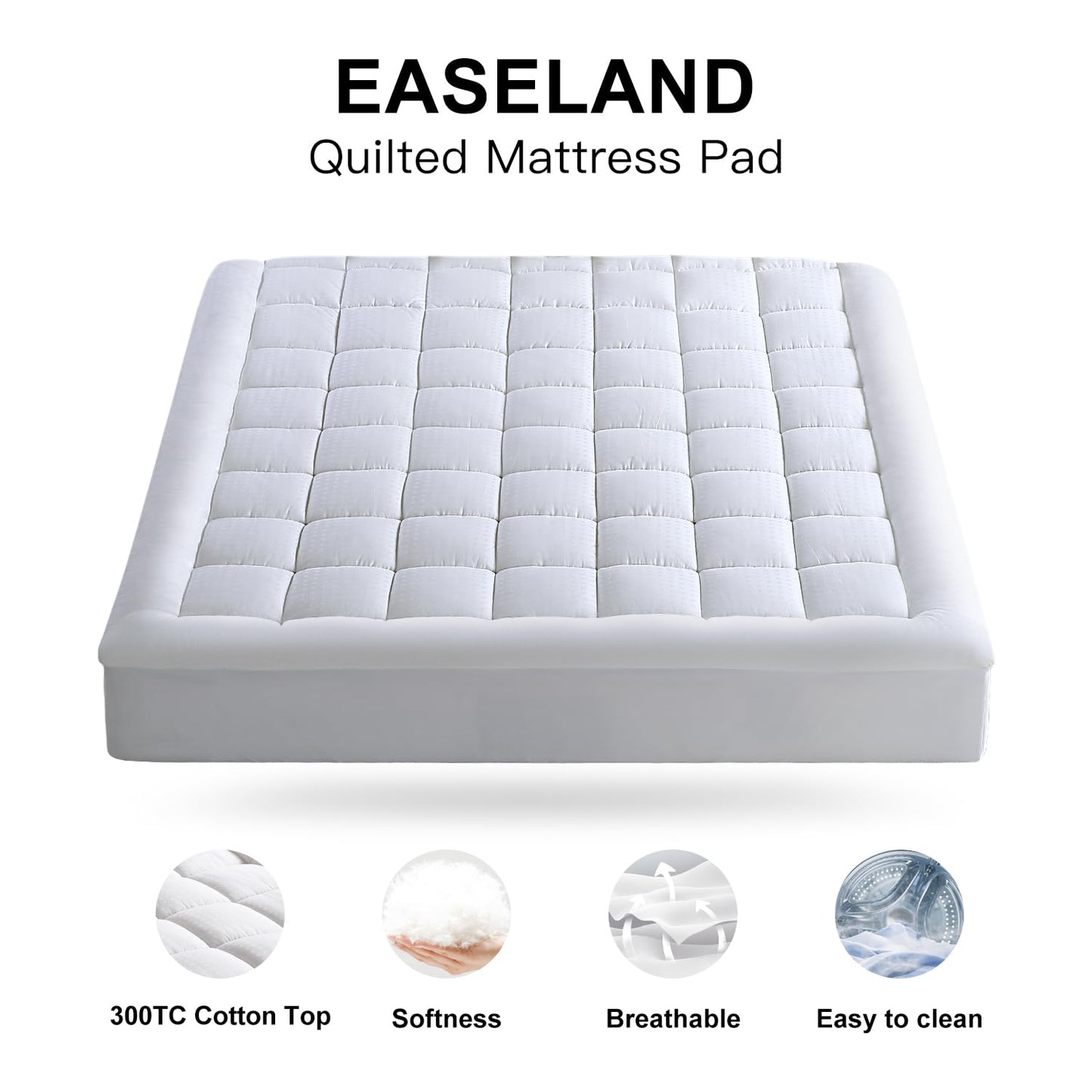 EASELAND Queen Size Cooling Mattress Pad Pillow Top Mattress Cover Quilted Fitted Mattress Protector Cotton Top Stretches up 8-21" Deep Pocket Mattress Topper (60x80 inch, White)