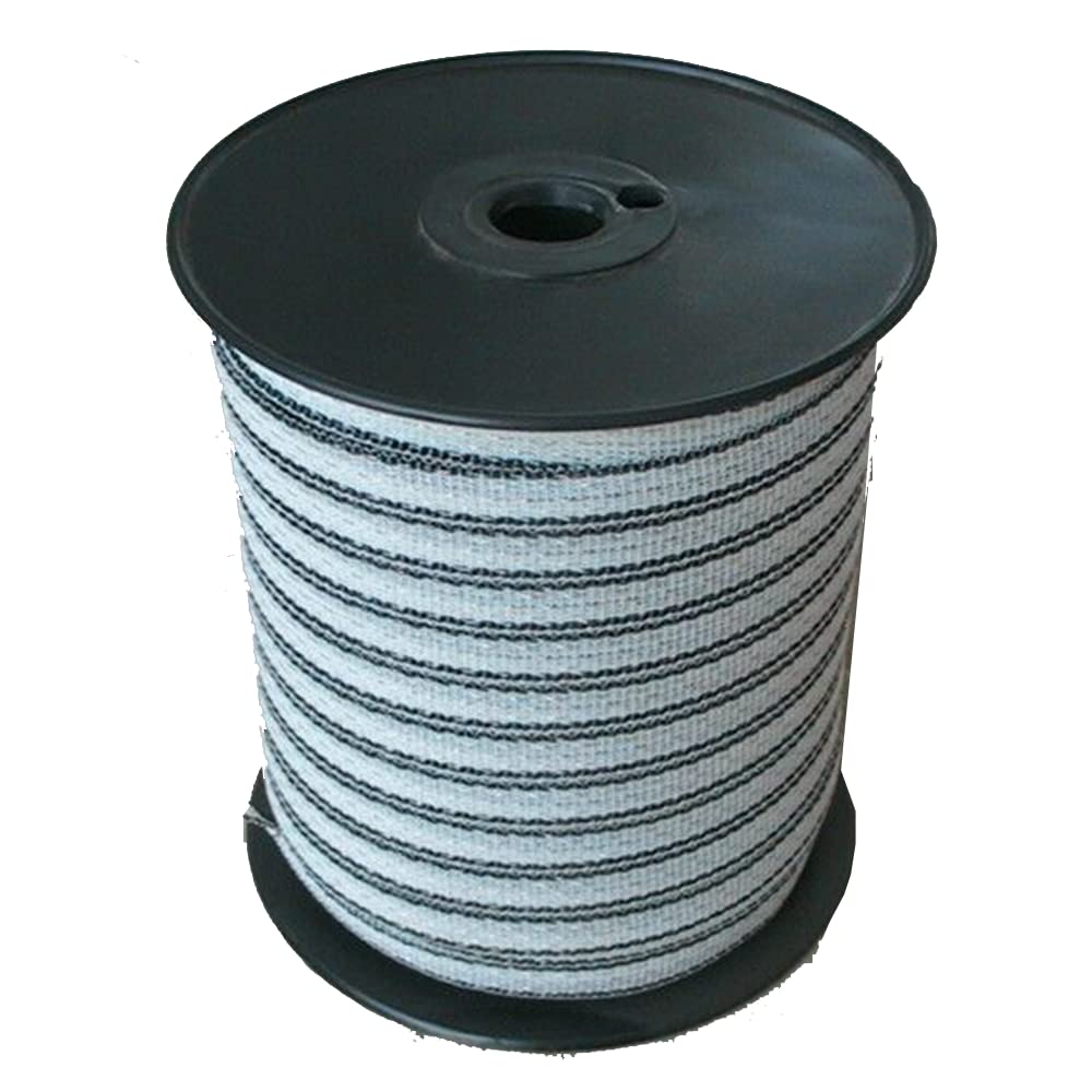 Electric Fence Poly Tape - Long Lasting 5 Stainless Steel Conductors - 656 Feet Roll - 1/2 Inch White and Black Polytape - Suitable for Portable & Semi Permanent Electric Fences