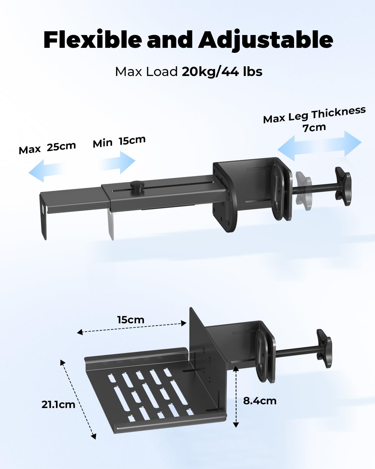 JOY worker Under Desk PC Mount for Standing Desk, Clamp-On Desk Leg Computer Mount, No Drilling, Adjustable Computer Case CPU Holder Holds Up to 44lbs, Black PC Tower Mount