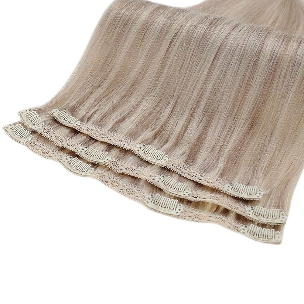 Full Shine Clip in Hair Extensions for Women Color 18 Ash Blonde and 613 Bleach Blonde 14 Inch Straight Real Human Hair Extensions Lace Clip in Extensions 60 Grams 3 Pieces Soft Natural