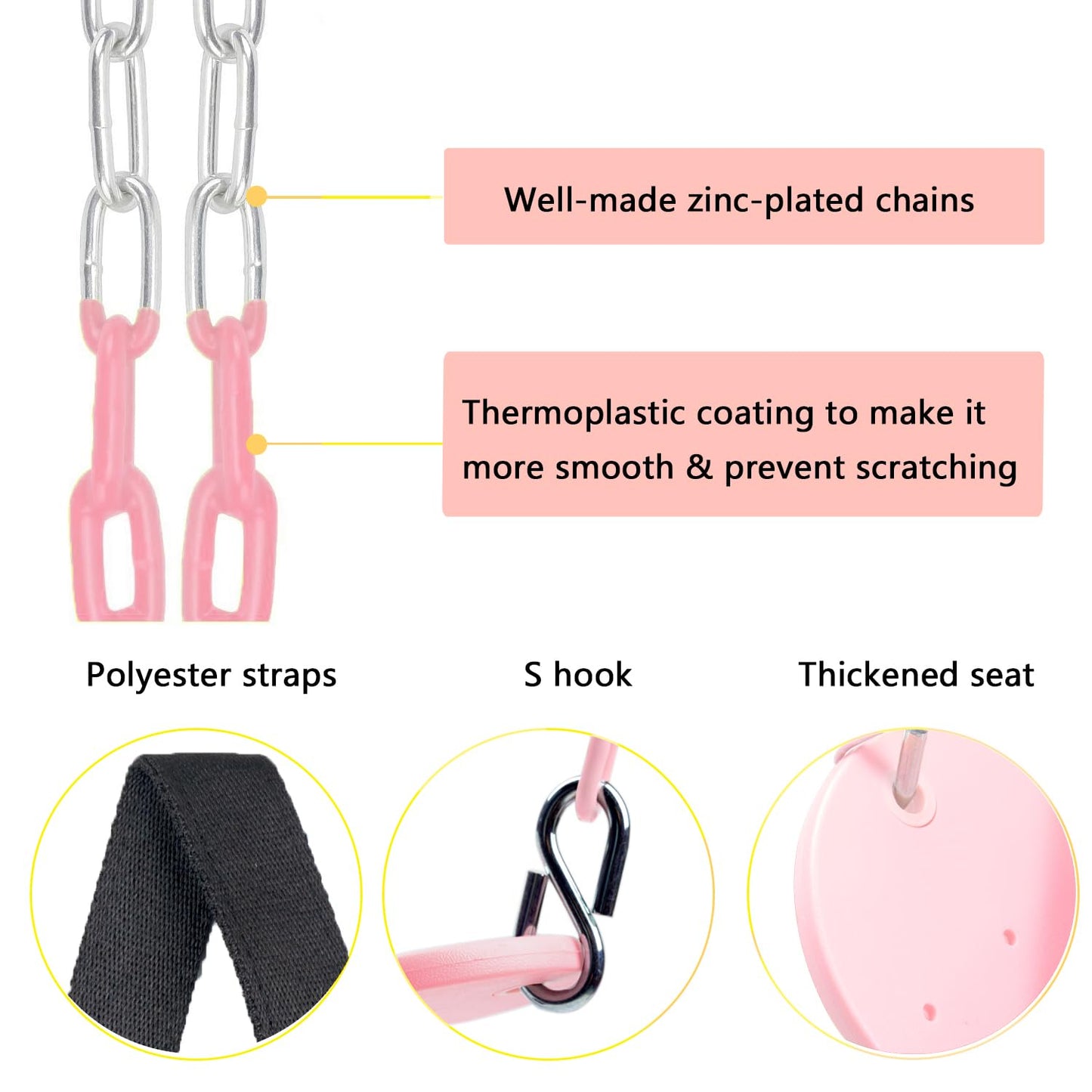 NOSTIFY Swing Seat, 66" Heavy Duty Coated Iron Chain Sensory Swing, Therapy Swing Seat,Outdoor Playground Swing Set Accessories with Snap Hooks and Hanging Straps (Pink)