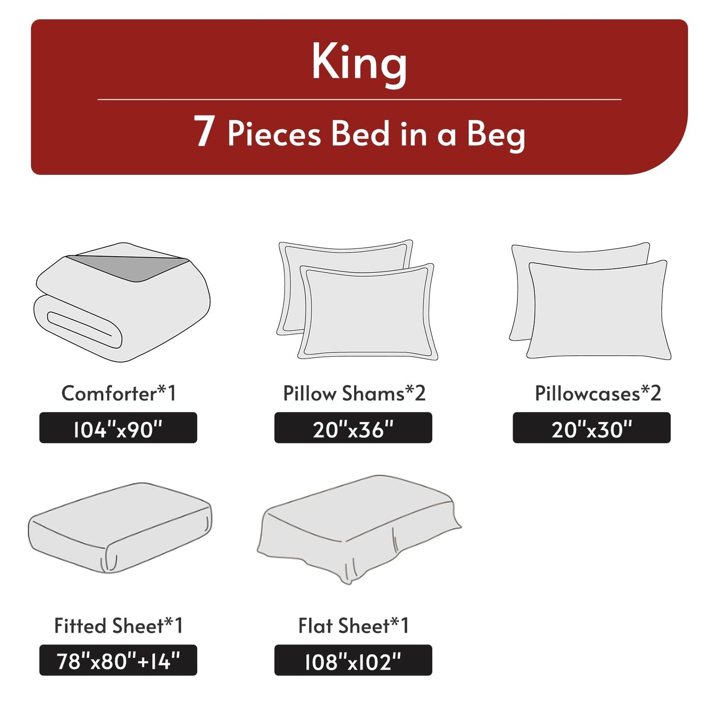 MUXHOMO 7 Pieces King Size Comforter Set, Reversible Bed in a Bag King, All Season King Bedding Set with Comforter, Flat Sheet, Fitted Sheet, Pillowcases & Shams, Red & Black