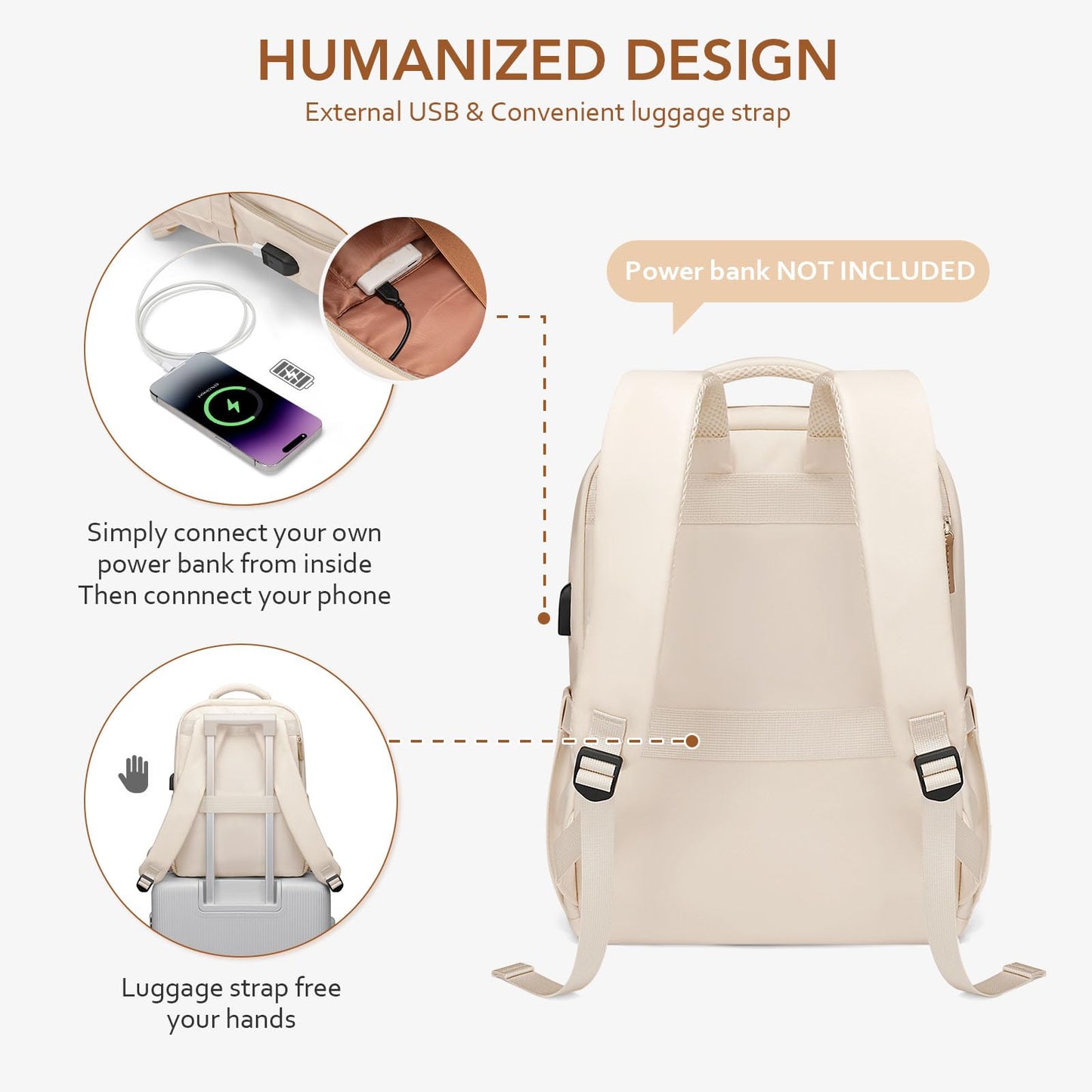 MDODO Laptop Backpack for Women,Travel Backpack with Laptop Compartment,Casual Daypack College Bookbag Computer Work Backpack,15.6Inch, Beige