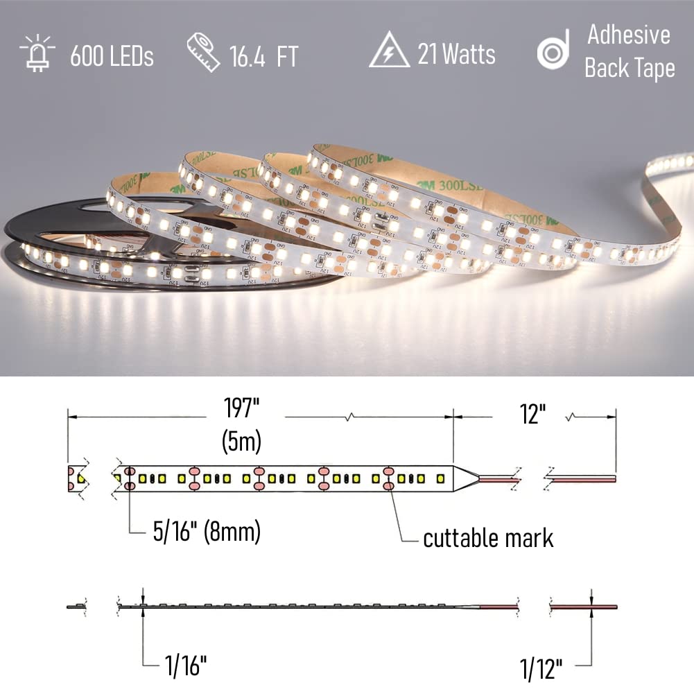 Obeaming RV Flexible LED Strip Light 12V Dimmable Tape Light 16.4 ft 600 LEDs 2000 Lumen Width 5/16” for Camper Van Motorhome Truck Trailer Interior Lighting, CRI 90+ Indoor Only (3000K)