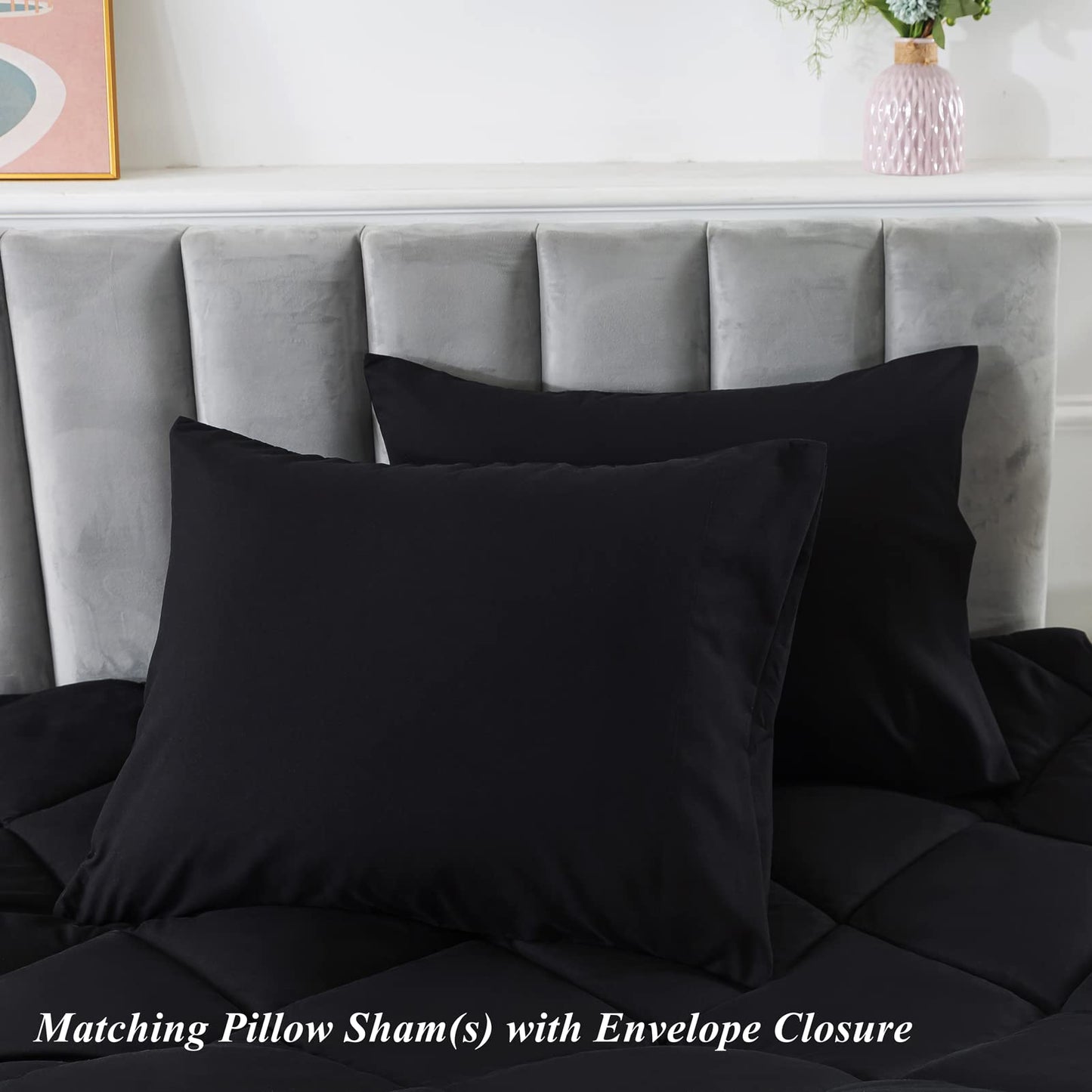 ELNIDO QUEEN Black Queen Comforter Set with 2 Pillow Shams - 3 Pieces Bed Comforter Set - Quilted Down Alternative Comforter Set - Lightweight All Season Bedding Comforter Sets Queen Size(88x92 inch)