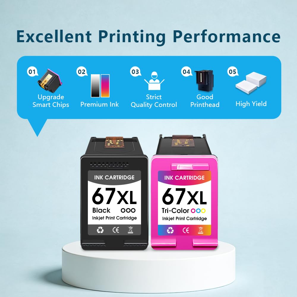 INKMATE 67XL Ink Cartridge Black Tri-Color Combo Pack Replacement for HP Ink 67 67XL Printer Ink for HP deskjet 2855e 2755e 2700e 4100e 4155e Envy 6000 6055e 6052e (1 Black, 1 Tri-Color, 2 Pack)