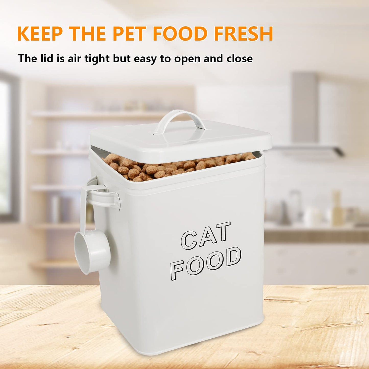 Pethiy Cat Food and Treats Containers Set with Scoop for Cats or Dogs -Tight Fitting Wood Lids - Coated Carbon Steel - Storage Canister Tins-Cat-White