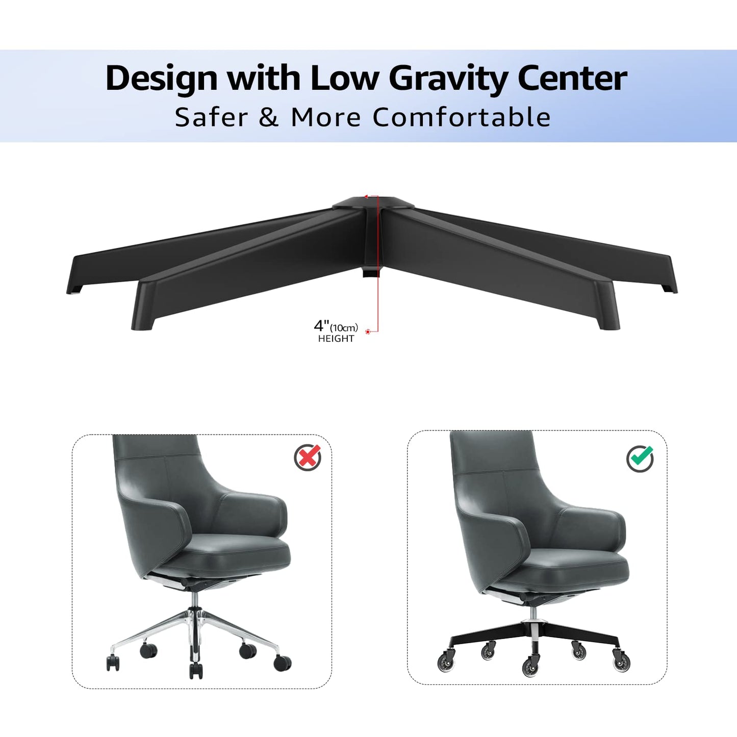 Mastery MART 28" Heavy Duty Office Chair Base Replacement Parts, 2400 Lbs, Desk Chair Reinforced Metal Leg with Universal Gas Cylinder Hole and Casters Sockets, Matte Black